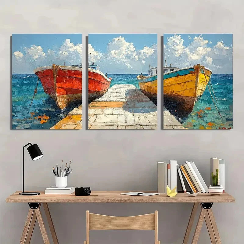 3pcs Coastal Boat Paintings - Oil Impasto Artwork Metal Print Ready to Hang Art - Bella Home Decor