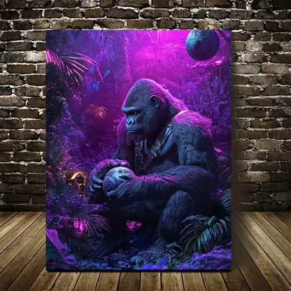 Steampunk Gorilla In Neon Jungle Painting 40x60cm Metal Print Ready to Hang - Bella Home Decor