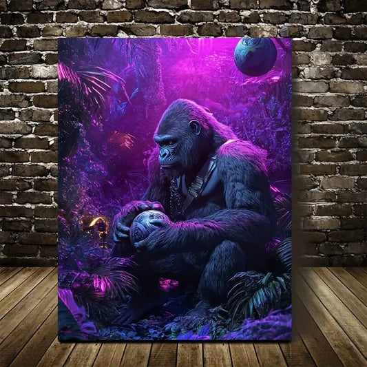 Steampunk Gorilla In Neon Jungle Painting 40x60cm Metal Print Ready to Hang - Bella Home Decor