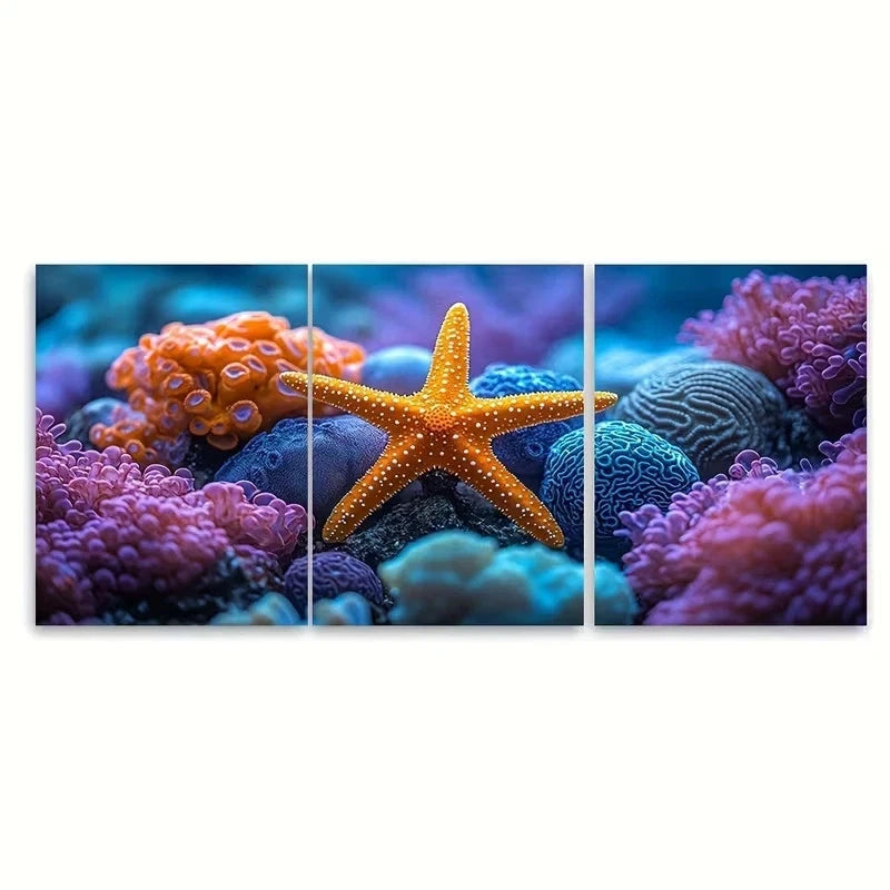 3pcs Vibrant Starfish and Coral Wall Art Set Canvas Framed 40x60cm - High Quality Print 100% Australian Made Wall Canvas Ready to Hang