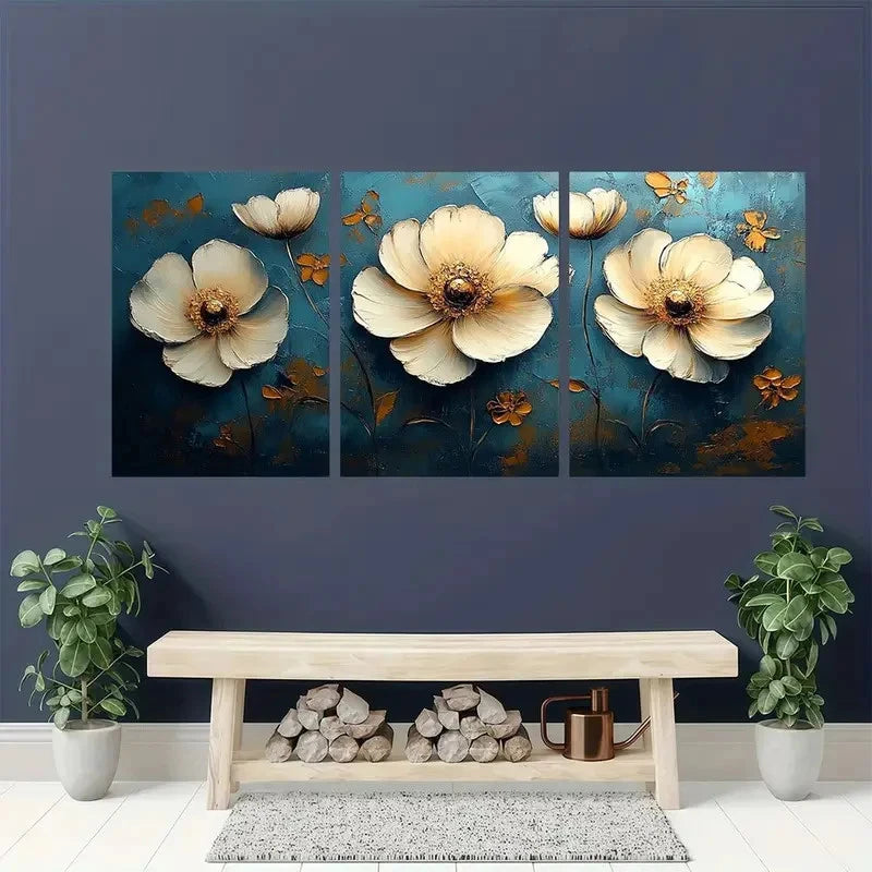 3pcs Modern Elegant Golden & White Floral Metal Print Ready to Hang Art - Bella Home Decor