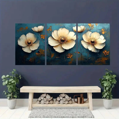 3pcs Modern Elegant Golden & White Floral Metal Print Ready to Hang Art - Bella Home Decor