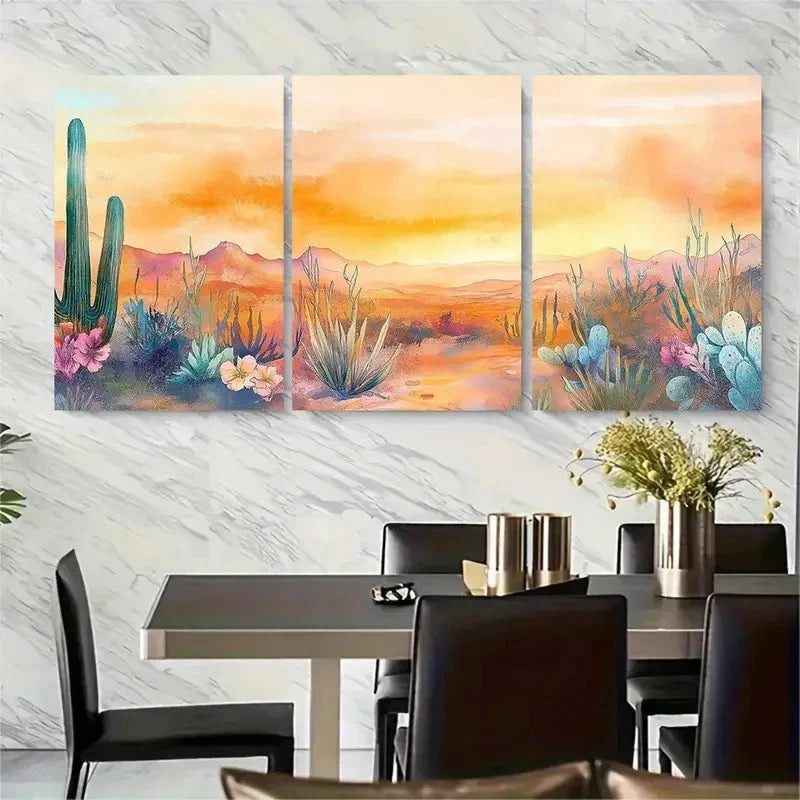 3pcs Watercolor Cacti and Wildflowers at Sunset Metal Print Ready to Hang Art