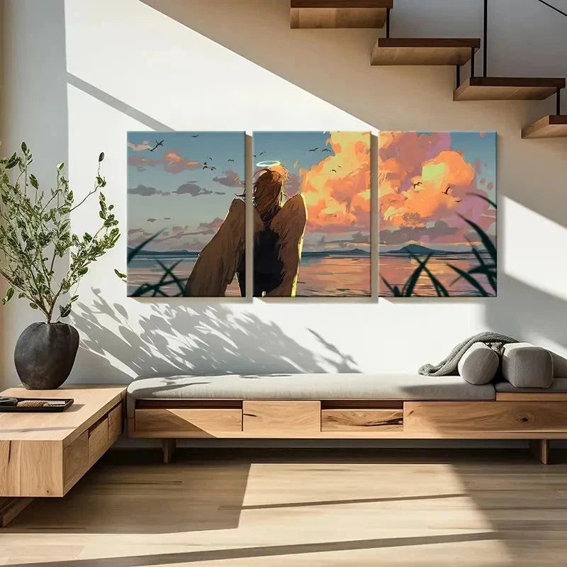 3pcs Anime Angel at Sunset Beach Scene Wall Art Set Canvas Framed 60x90cm - High Quality Print 100% Australian Made Wall Canvas Ready to Hang - Bella Home Decor