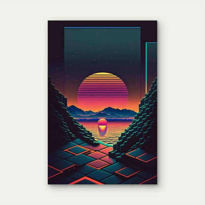 Retro Neon Sunset 40x60cm Metal Print Ready to Hang