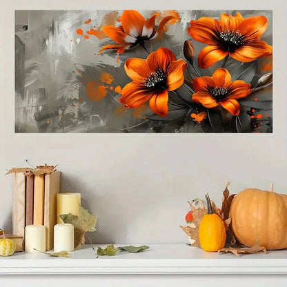 Orange Flowers & Gray Abstract Wall Art Canvas Office Home Room Framed 120x60cm
