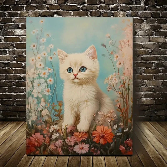 Cute Ragdoll Kitten with Flowers Painting 40x60cm Metal Print Ready to Hang - Bella Home Decor