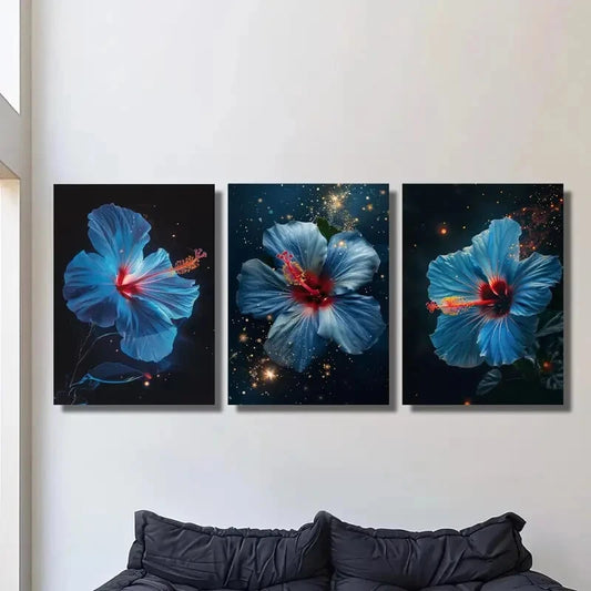 3pcs Hibiscus Flower Starry Night & Floral Accents Metal Print Ready to Hang Art