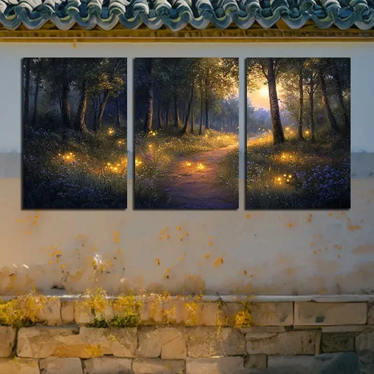 3pcs Vibrant Fluorescent Forest with Pathway Scene Metal Print Ready to Hang Art