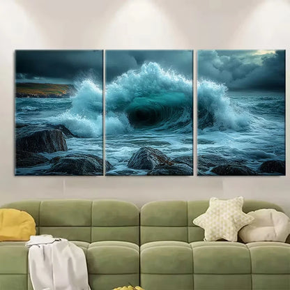3pcs Stormy Waves Crashing Into Rocks Metal Print Ready to Hang Art
