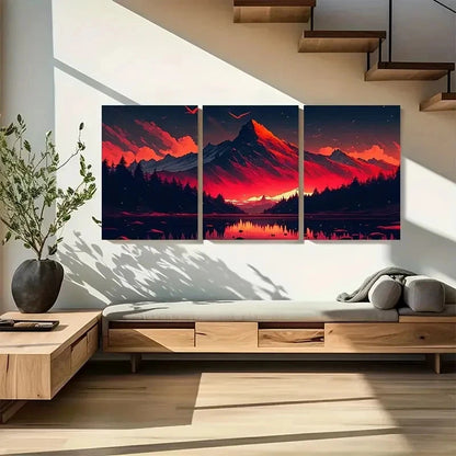 3pcs , Fantasy Red Sky Lake Mountain Metal Print Ready to Hang Art - Bella Home Decor