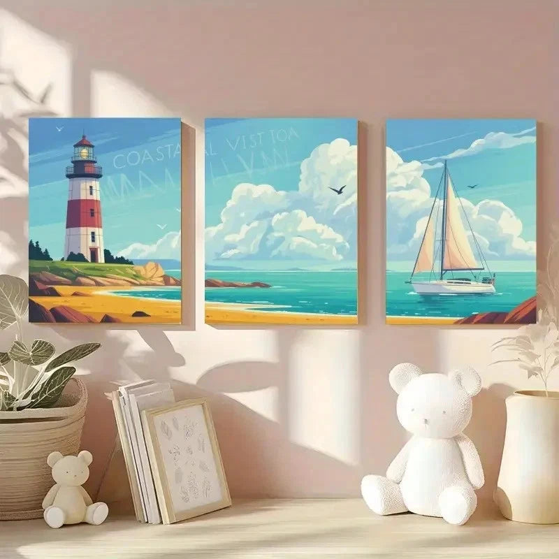 3pcs Blue Sky, Seagulls, Sandy Beach Wall Art Set Canvas Framed 50x70cm - High Quality Print 100% Australian Made Wall Canvas Ready to Hang - Bella Home Decor