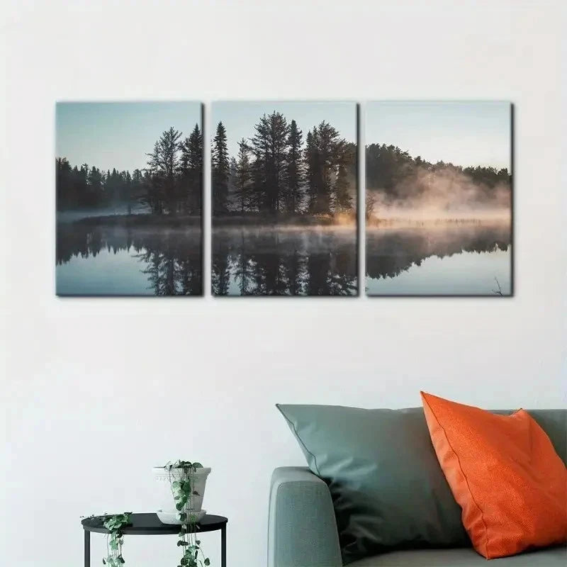 3pcs Trees with Misty Lake Reflection Painting Metal Print Ready to Hang Art