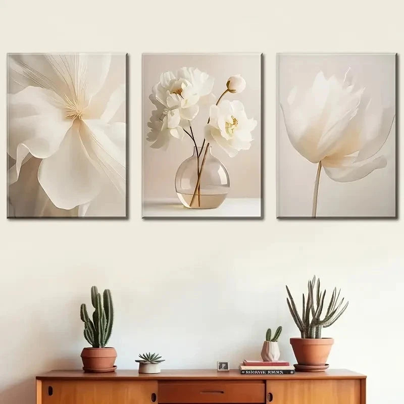 3pcs Beige Pure Flowers Floral Wall Art Metal Print Ready to Hang Art - Bella Home Decor