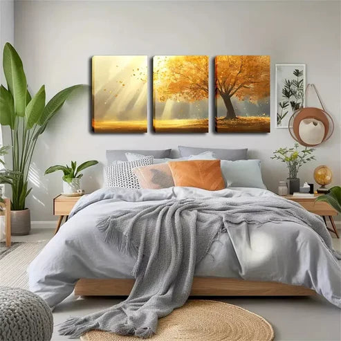 3pcs Stunning Artwork, Yellow Leaf Tree, Sun Wall Art Canvas Unframed - High Quality Print 100% Australian Made Wall Canvas