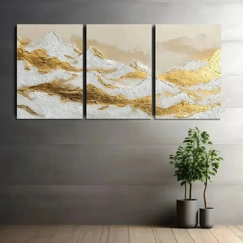 3pcs Golden and White Surface with Foil Accents Metal Print Ready to Hang Art - Bella Home Decor