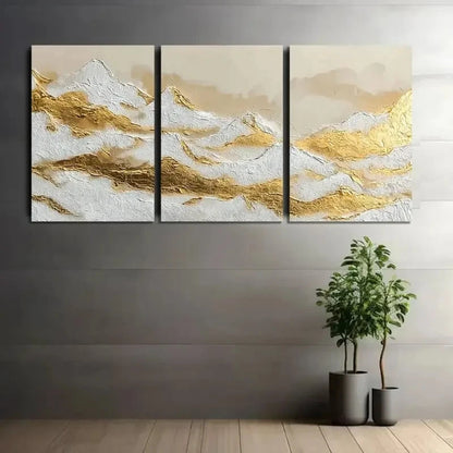 3pcs Golden and White Surface with Foil Accents Metal Print Ready to Hang Art - Bella Home Decor