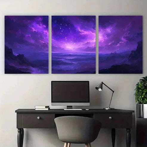 3pcs Elegant 'Starry Dreams' Abstract Purple Sky Wall Art Canvas Unframed - High Quality Print 100% Australian Made Wall Canvas - Bella Home Decor