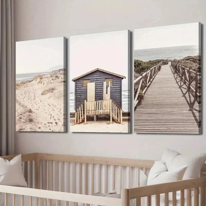 3pcs Sand Dunes & Seaside Hut Landscape Wall Art Set Canvas Framed 50x70cm - High Quality Print 100% Australian Made Wall Canvas Ready to Hang