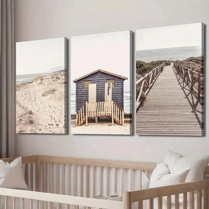 3pcs Sand Dunes & Seaside Hut Landscape Wall Art Set Canvas Framed 50x70cm - High Quality Print 100% Australian Made Wall Canvas Ready to Hang