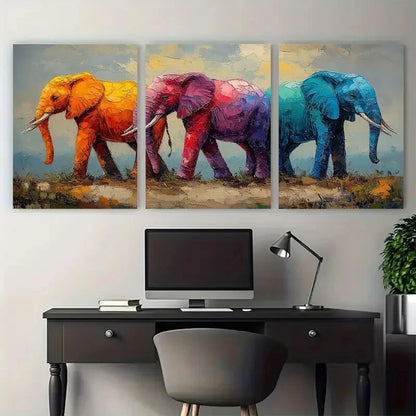 3pcs Abstract Travelling Elephant Colorful Metal Print Ready to Hang Art