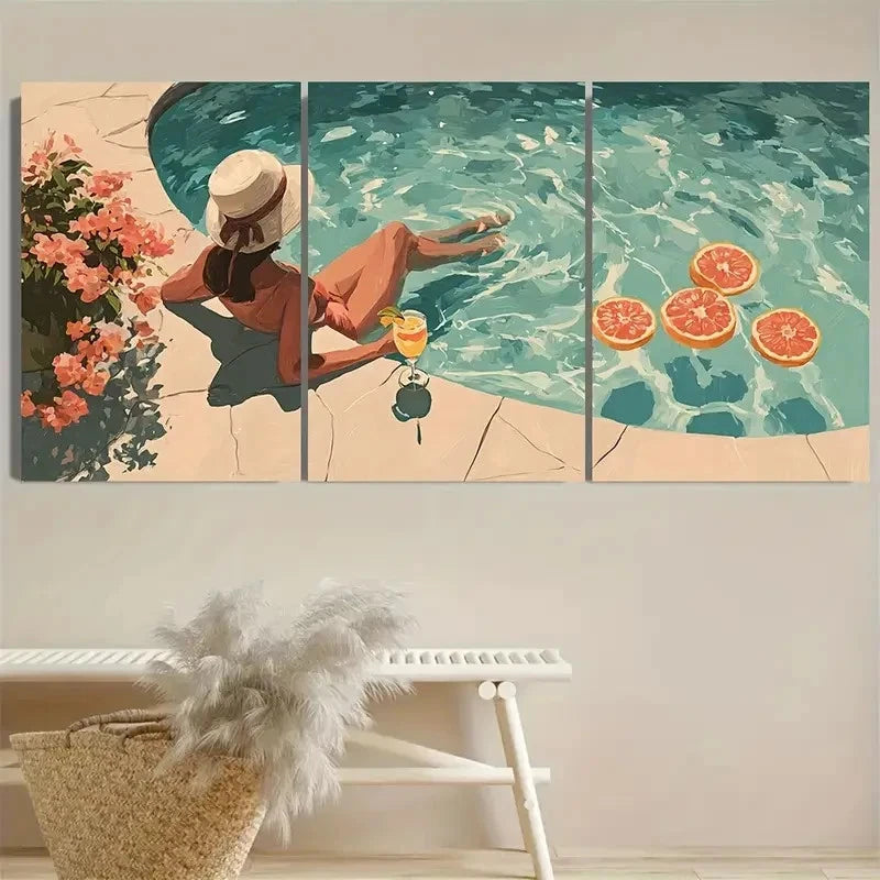 3pcs Poolside Girl Cocktail Fruit Greece Wall Art Set Canvas Framed 50x70cm - High Quality Print 100% Australian Made Wall Canvas Ready to Hang