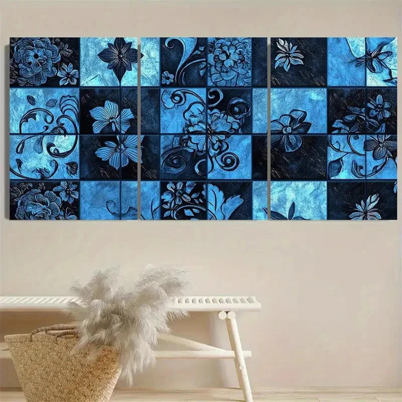 3pcs Blue and black floral squares Wall Art Set Canvas Framed 40x60cm - High Quality Print 100% Australian Made Wall Canvas Ready to Hang - Bella Home Decor