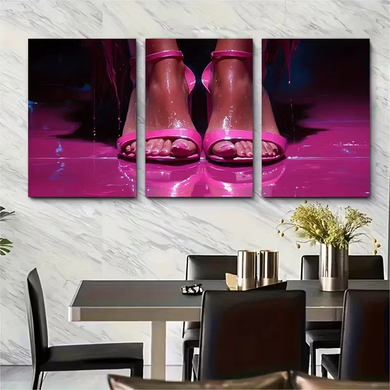 3pcs Chic Woman in Pink Heeled Sandals Metal Print Ready to Hang Art - Bella Home Decor