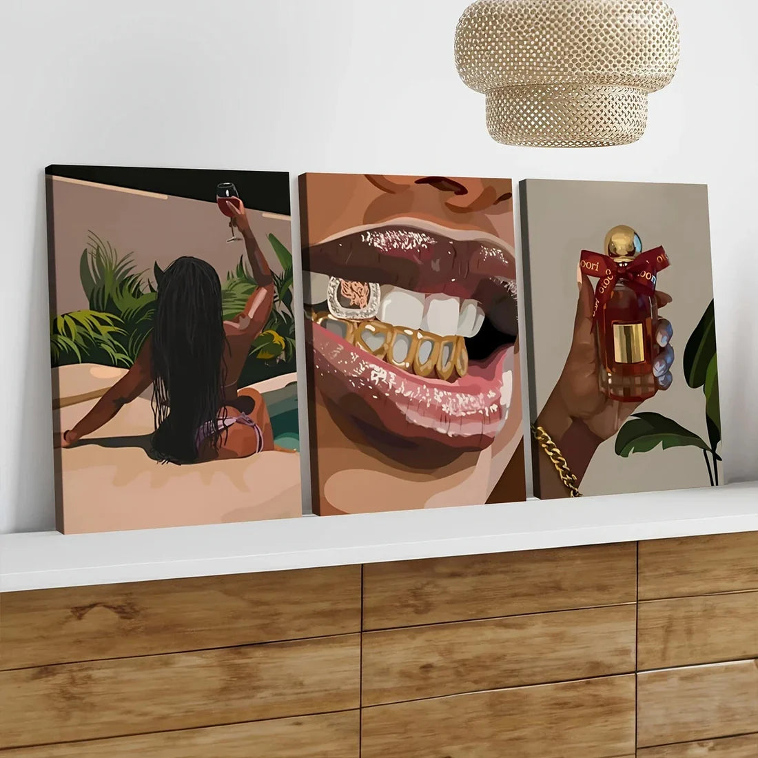 3pcs Woman Art Black Girl Green Leaves Red Gold Wall Art Canvas Unframed - High Quality Print 100% Australian Made Wall Canvas