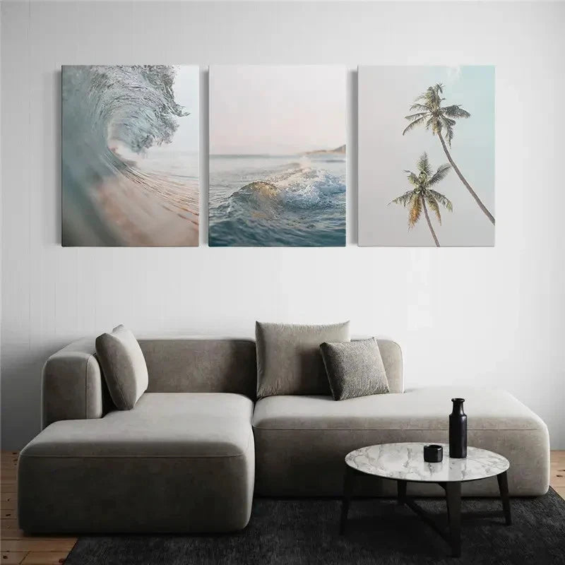 3pcs Modern Pastel Beach Surf & Palm Tree Metal Print Ready to Hang Art - Bella Home Decor