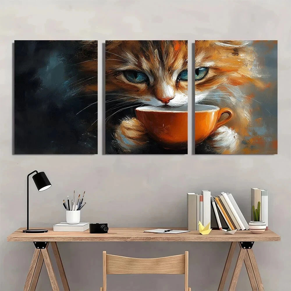 3pcs Cat Drinking Coffee Pet Abstract Modern Metal Print Ready to Hang Art - Bella Home Decor