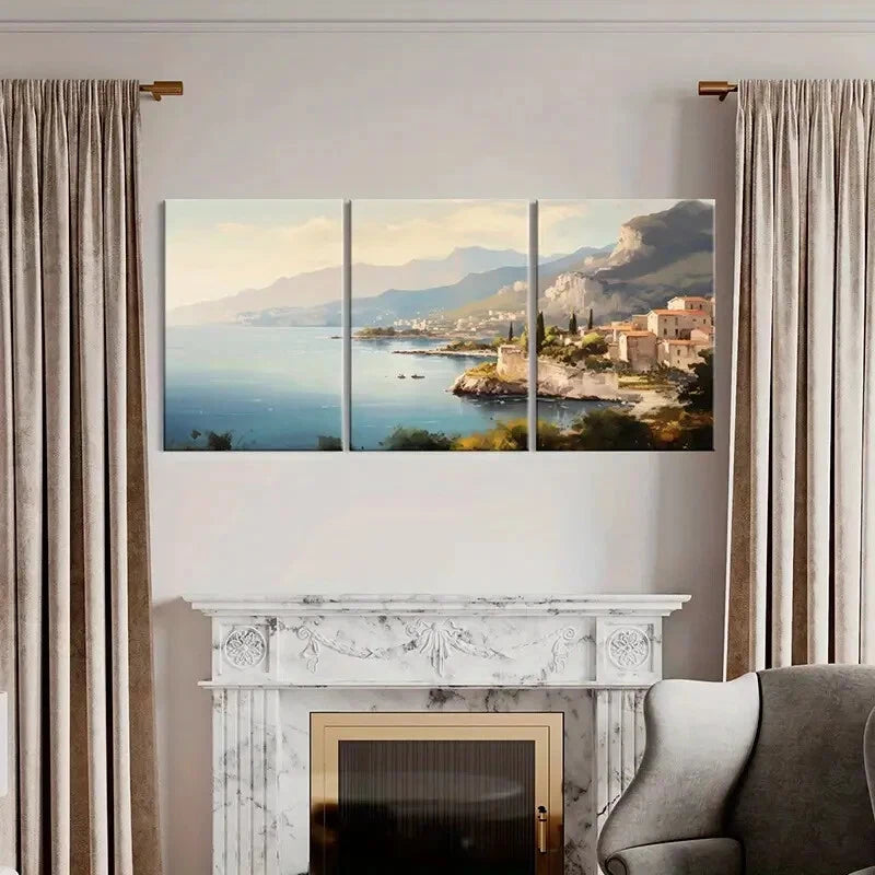 3pcs Mountain View Coastal Town Serene Waters Metal Print Ready to Hang Art - Bella Home Decor