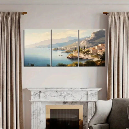 3pcs Mountain View Coastal Town Serene Waters Metal Print Ready to Hang Art - Bella Home Decor