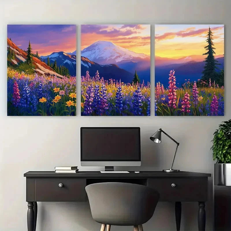 3pcs Mount Rainier Wildflower Mountain Sunset Wall Art Set Canvas Framed 50x70cm - High Quality Print 100% Australian Made Wall Canvas Ready to Hang