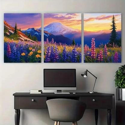 3pcs Mount Rainier Wildflower Mountain Sunset Wall Art Set Canvas Framed 50x70cm - High Quality Print 100% Australian Made Wall Canvas Ready to Hang