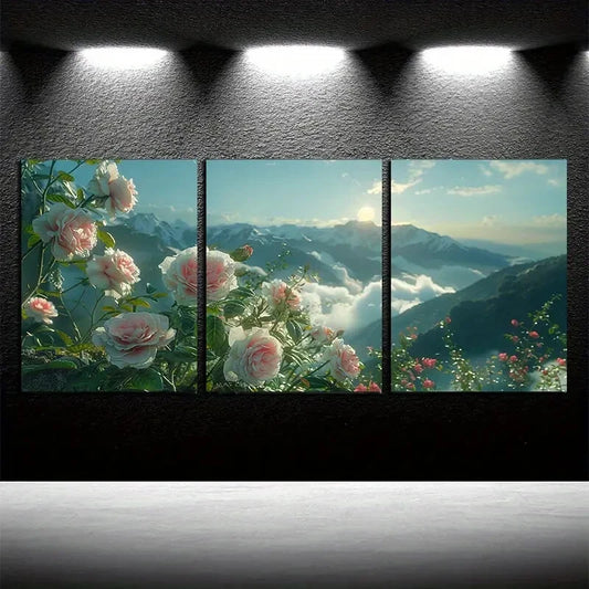 3pcs Vibrant Charming Roses with Mountain View Metal Print Ready to Hang Art