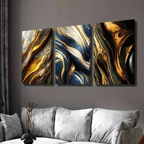 3pcs Gold White Marble Gilt Textured Lines Wall  Art Set Canvas Unframed - High Quality Print 100% Australian Made Wall Canvas - Bella Home Decor