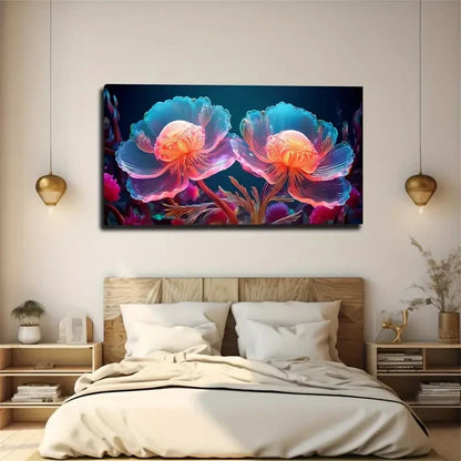 Vibrant Fluorescent Flowers Wall Art Canvas Office Home Room Framed 120x60cm