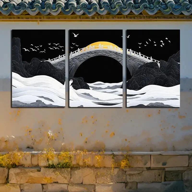 3pcs Black Bridge with Sea and Birds Flying View Metal Print Ready to Hang Art - Bella Home Decor