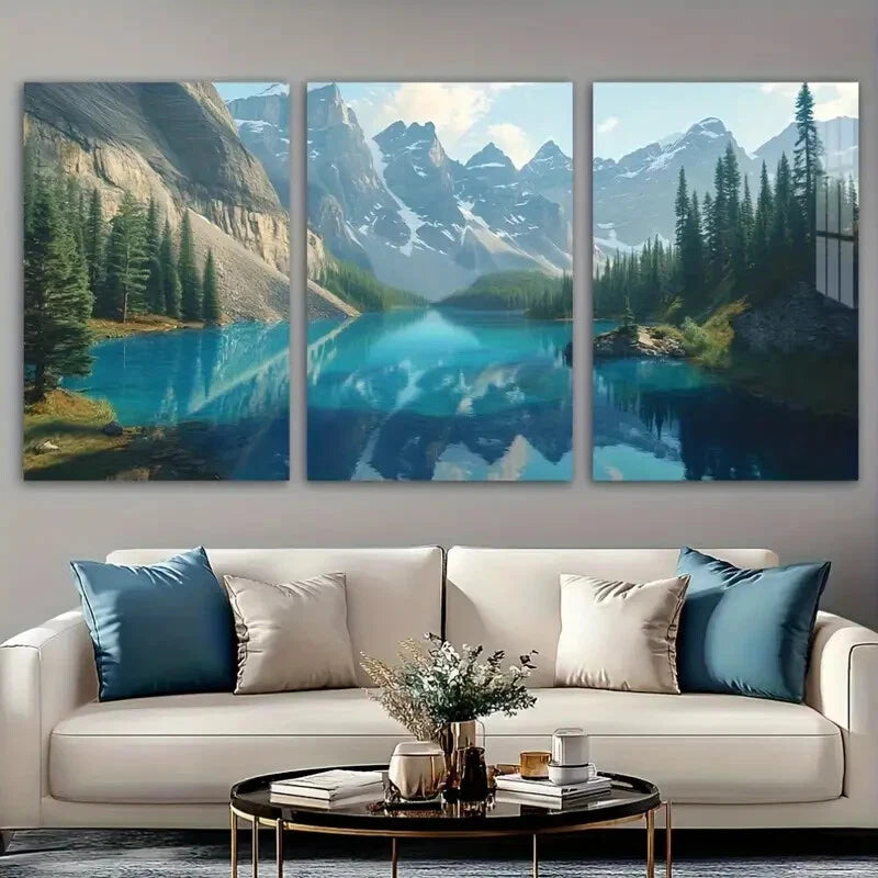 3pcs Snowy Mountains Forest Lakes Metal Print Ready to Hang Art - Bella Home Decor