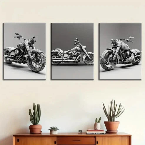 3pcs Vintage Motorcycle Murals Wall Art Canvas Unframed - High Quality Print 100% Australian Made Wall Canvas