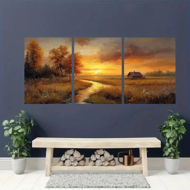 3pcs Classic Golden Yellow & Warm Earthy Tones Metal Print Ready to Hang Art - Bella Home Decor