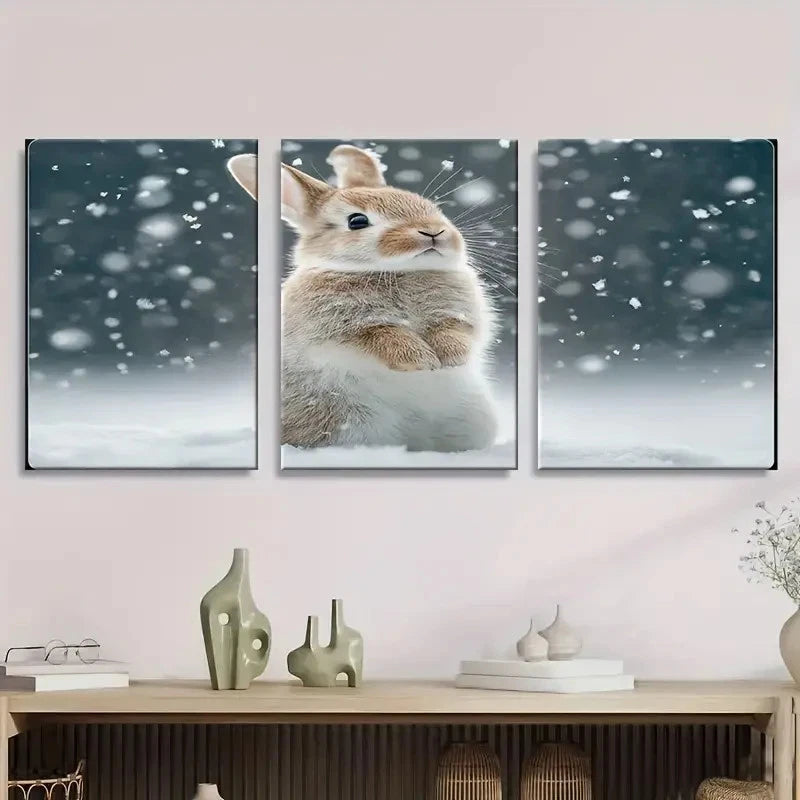3pcs Cute Bunny in Snow Scene Wall Art Set Canvas Framed 50x70cm - High Quality Print 100% Australian Made Wall Canvas Ready to Hang - Bella Home Decor
