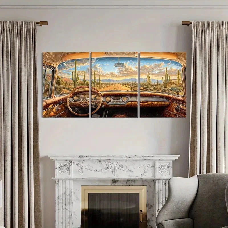 3pcs Desert Landscape Vintage Car Blue Sky Metal Print Ready to Hang Art - Bella Home Decor