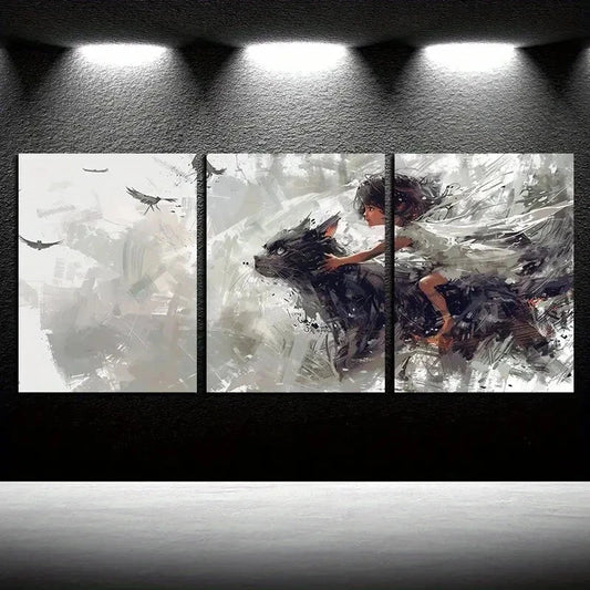 3pcs Charming Black Cat Girl Abstract Design Wall Art Set Canvas Framed 60x90cm - High Quality Print 100% Australian Made Wall Canvas Ready to Hang