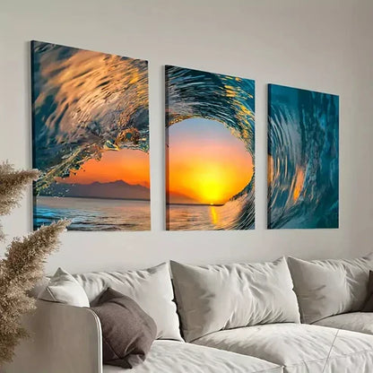 3pcs Ocean Great Wave Surfing and Sunset Wall Art Canvas Unframed - High Quality Print 100% Australian Made Wall Canvas