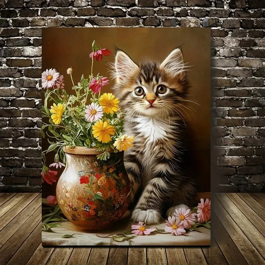 Cute Maine Coon Kitten with Vibrant Flowers 40x60cm Metal Print Ready to Hang - Bella Home Decor