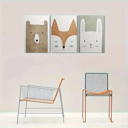 3pcs Adorable Animal Cute Bear Fox and Rabbit Metal Print Ready to Hang Art - Bella Home Decor