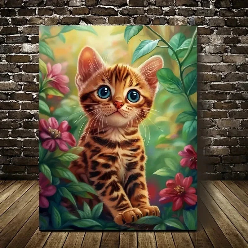 Flowers And Plants Cute Bengal Kitten Painting 40x60cm Metal Print Ready to Hang - Bella Home Decor