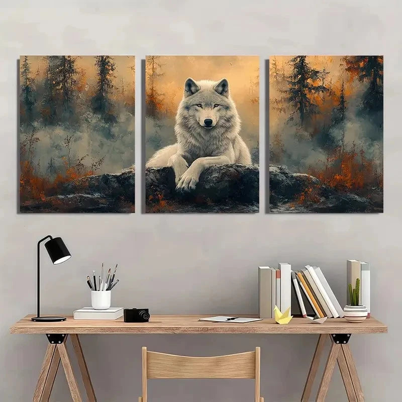 3pcs White Wolf Ancient Forest Scene with Vivid Wall Art Set Canvas Framed 60x90cm - High Quality Print 100% Australian Made Wall Canvas Ready to Hang
